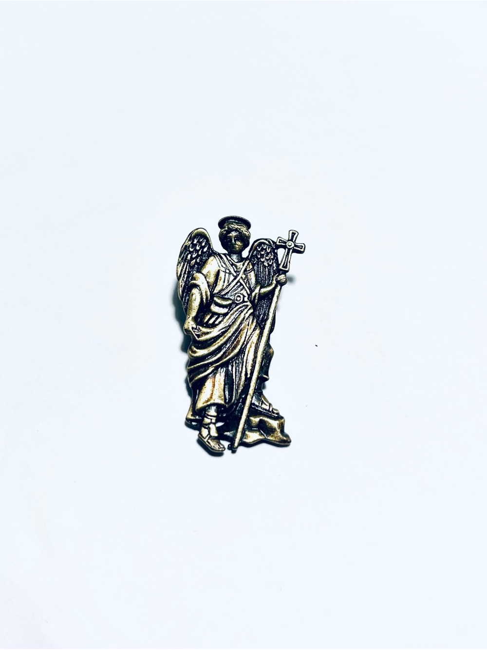 Vintage JJ Jonette Angel Saint Michael Pin Brooch in Antiqued Gold Tone